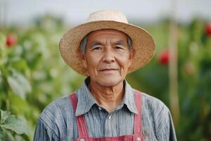 Portrait of a Serene Asian Farmer A Peaceful Countryside Scene. This image evokes feelings of calm and contentment, reflecting the simple beauty of rural life and the dedication of agricultural work. photo
