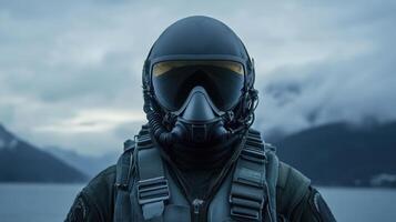 A Portrait of a Pilot Clad in Full Flight Gear, Standing Against a Dramatic Mountain and Water Backdrop. This image evokes a sense photo