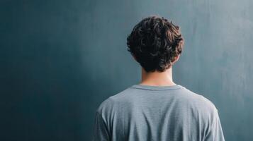 Contemplative Pose A Rear View of a Man with Curly Hair, Dressed in a Grey Shirt Against a Blue Wall. The image exudes a sense of calm and introspection. photo