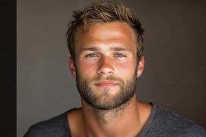 Portrait of a Handsome Man with Beard Studio Shot of a Young Male Model with Blue Eyes and Short Brown Hair photo