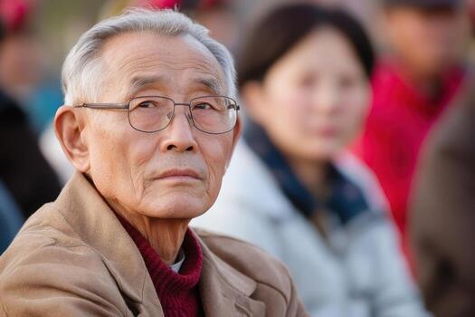 Portrait of a contemplative elderly Asian man, his face etched with the wisdom of years, his gaze fixed on something beyond the frame. A poignant image of age and reflection. photo