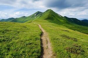 Picturesque Mountain Path A Journey Through Lush Green Landscapes. Explore serene nature trails, breathtaking summits, and tranqui photo