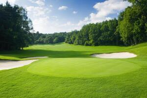 Serene Golf Course Landscape Stunning Green Fairway, Lush Trees, and Blue Sky. Perfect for Golfing Enthusiasts and Nature Lovers photo