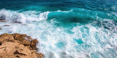 Majestic Ocean Waves Crashing on Rocky Coast A breathtaking view of powerful waves breaking against the rugged coastline, showcasi photo