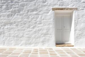 Whitewashed Stone Wall with White Door A Mediterranean Architectural Gem. Sunlight illuminates the rustic, elegant facade of this photo