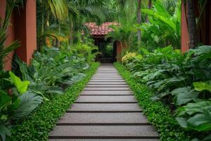 Serene Stone Path Through Lush Tropical Garden A Tranquil Oasis in a Luxurious Landscape photo