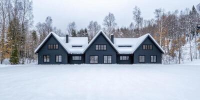 Modern Black House in Snowy Forest Luxurious Winter Retreat Architecture photo