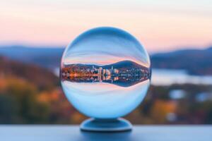 Crystal Ball Captures Stunning Cityscape at SunriseSunset photo
