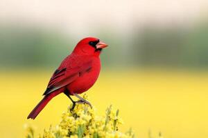 Stunning Red Cardinal Perched on Yellow Flowers A Breathtaking Nature Photography photo