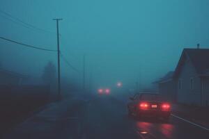 Misty Night Road Through a Quiet Suburban Town A Serene and Tranquil Landscape photo