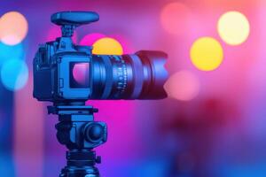 Professional Camera on Tripod in Vibrant Night Photography Setting photo