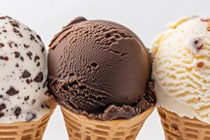 of Chocolate and Vanilla Ice Cream Cones. A delightful visual of rich flavors and textures. Perfect for a summer day or a cozy win photo