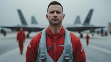 Dedicated Military Pilot in Red Uniform, Ready for Action photo