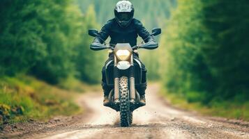 Epic Off Road Motorcycle Adventure in Lush Forest photo