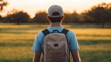 A Man Contemplating the Sunset in a Field photo