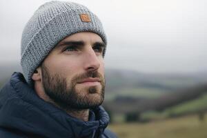 Stylish Man in Cozy Winter Beanie and Jacket, Capturing the Essence of Autumnal Serenity photo