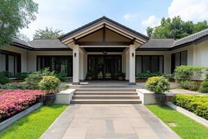 Stunning Modern House Entrance with Lush Landscaping photo