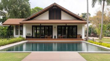 Serene Modern Villa with Tranquil Pool and Lush Garden photo