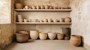 Rustic Pottery and Baskets Display in a Corner Room photo