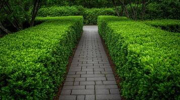 Serene Garden Path Meandering Through Lush Hedges photo