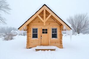 A Quaint Log Cabin in a Snowy Landscape photo