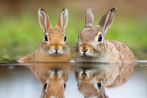 Two Adorable Rabbits in a Pond, Nature's Beauty photo