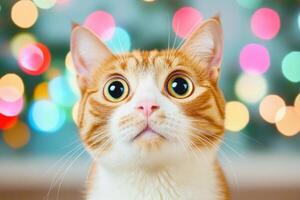 Ginger Cat with Wide Eyes Looking Up at Festive Lights photo