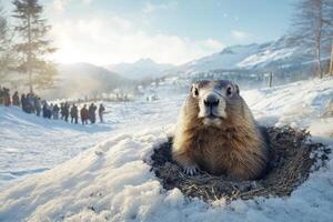 Curious Groundhog Peeking Out of its Burrow in Snowy Mountains photo