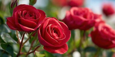 of vibrant red roses in a garden photo