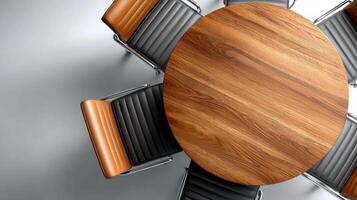 Round Wooden Conference Table with Leather Chairs Modern Office Design photo