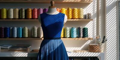 Elegant Blue Dress on Mannequin in a Stylish Sewing Studio photo