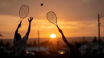 Silhouette of Tennis Players at Sunset photo