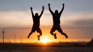 Two Friends Jumping in Celebration at Sunset photo