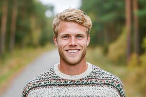 Smiling Man in a Patterned Sweater Outdoors photo