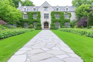 Elegant Stone Pathway Leads to Historic Ivy Covered House photo