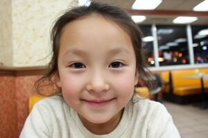 Radiant Smile of a Little Girl in a Casual Restaurant Setting photo