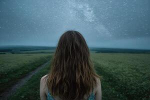 Woman Contemplating the Night Sky Over a Lush Field photo