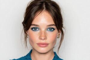Stunning Woman with Vibrant Blue Eyeshadow and Elegant Makeup Look photo