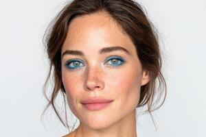 Stunning Woman with Bold Blue Eyeshadow Makeup Look photo
