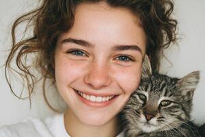 A radiant smile and a furry friend A heartwarming portrait of a girl and her cat. photo