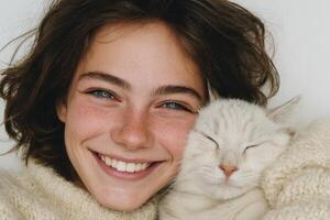 Woman and Cat Embrace A Moment of Pure Joy and Connection photo