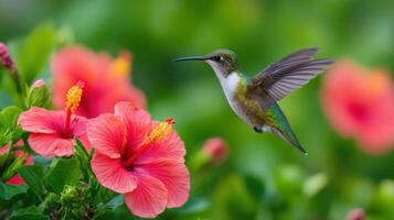 A Hummingbird Sips Nectar from a Stunning Hibiscus Flower photo