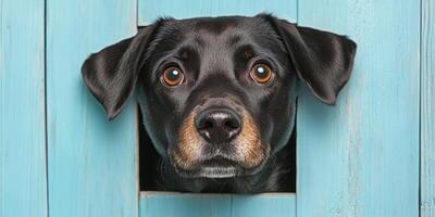 Intriguing Black Dog Peeking Through a Wooden Fence A Portrait photo