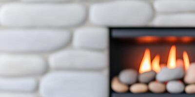 Blurred Cozy Fireplace with White Stone Wall. A Warm and Inviting Home Decor photo