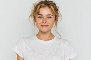 Radiant Woman in a Simple White Tee A Captivating Portrait photo