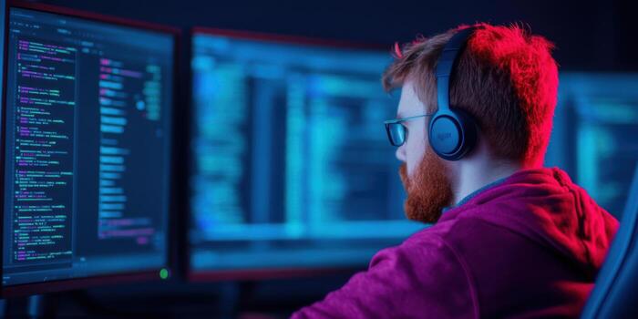 enfocado programador en un noche codificación sesión foto