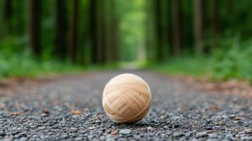 Beige Yarn Ball in a Forest Path A Peaceful Craft Moment photo