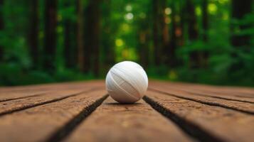 White Yarn Ball on Wooden Pathway in Forest A Peaceful Scene photo