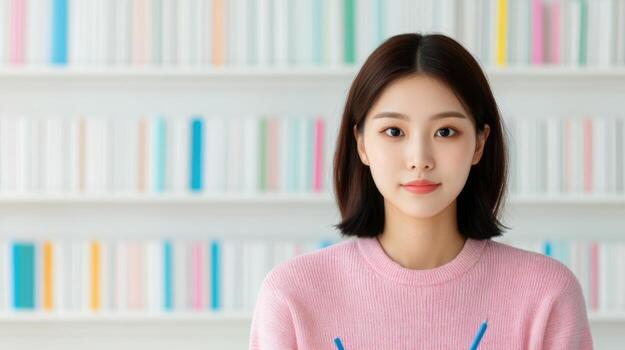 Young Woman in a Library Setting Focused and Ready to Learn photo