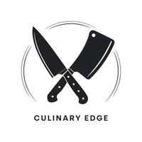 Minimalist Culinary Logo Design Featuring Crossed Chef s Knife and Meat Cleaver in Black and White with Culinary Edge Text Below the Icon vector